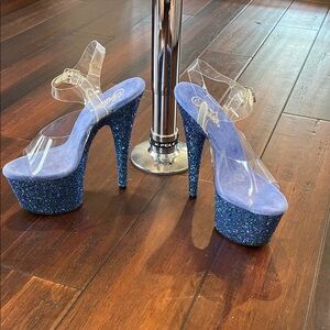 Clear Strap Glitter Platform Heels in Blue